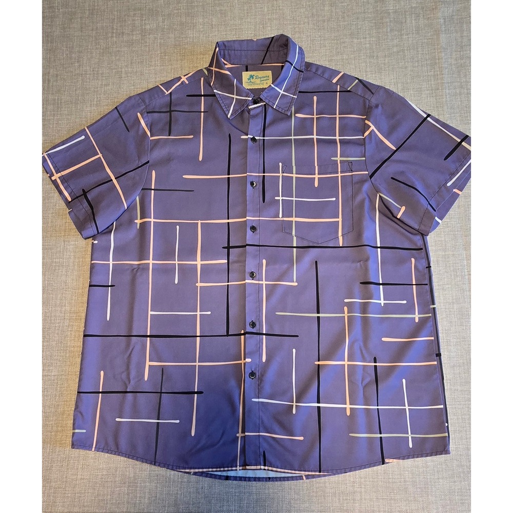 Royaura Hawaiian Shirt Mens XL Purple Geometric Grid Abstract Short Sleeve
